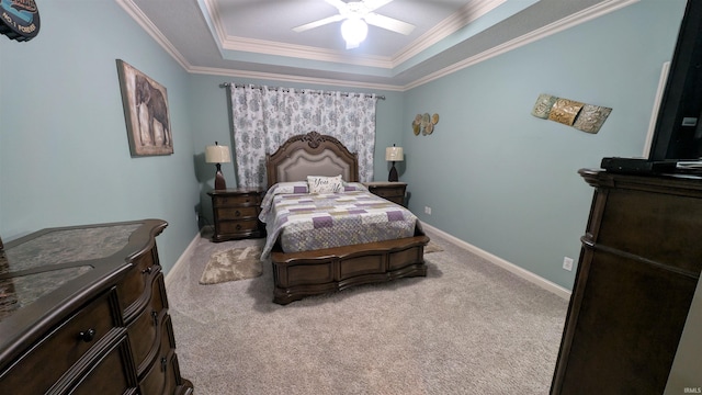 5728 Bell Tower Ln, Fort Wayne, IN 46815 - carpeted bedroom with a tray ceiling, crown molding, baseboards, and a ceiling fan