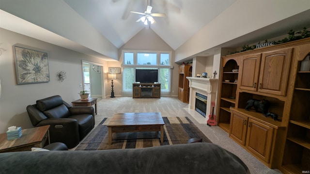 5728 Bell Tower Ln, Fort Wayne, IN 46815 - living room featuring ceiling fan, light colored carpet, a tile fireplace, baseboards, and high vaulted ceiling