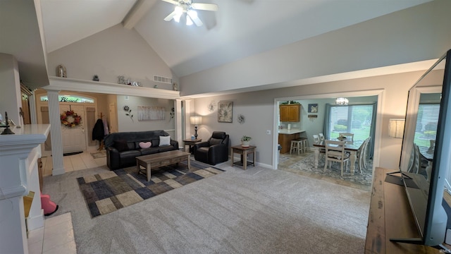 5728 Bell Tower Ln, Fort Wayne, IN 46815 - living room with a ceiling fan, high vaulted ceiling, beamed ceiling, light colored carpet, and ornate columns