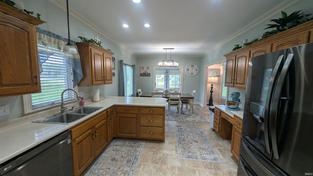 5728 Bell Tower Ln, Fort Wayne, IN 46815 - kitchen featuring black fridge, dishwasher, a sink, light countertops, and brown cabinetry
