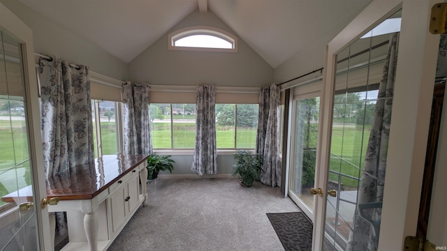 5728 Bell Tower Ln, Fort Wayne, IN 46815 - unfurnished sunroom with french doors, carpet, and high vaulted ceiling