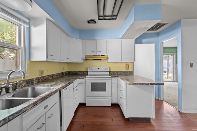 1725 W Saxon Dr, Marion, IN 46952 - kitchen with white appliances, under cabinet range hood, a sink, a peninsula, and dark wood-style flooring