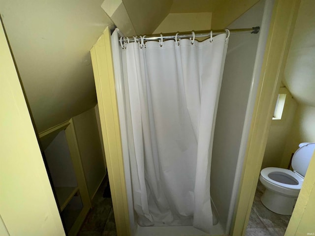417 S Elliott St, Muncie, IN 47305 - bathroom featuring toilet, a stall shower, and vaulted ceiling
