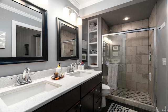 3599 Canterbury Dr, Lafayette, IN 47909 - full bathroom featuring crown molding, toilet, a stall shower, double vanity, and tile patterned flooring