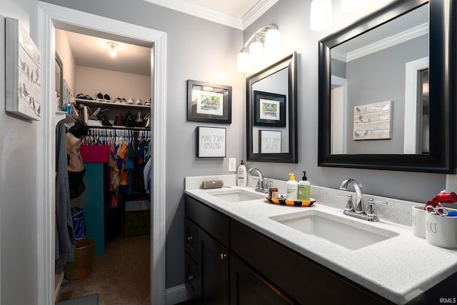 3599 Canterbury Dr, Lafayette, IN 47909 - full bathroom with double vanity, crown molding, and a spacious closet