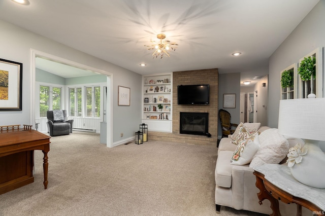 3599 Canterbury Dr, Lafayette, IN 47909 - carpeted living area with a baseboard radiator, a brick fireplace, recessed lighting, and baseboards