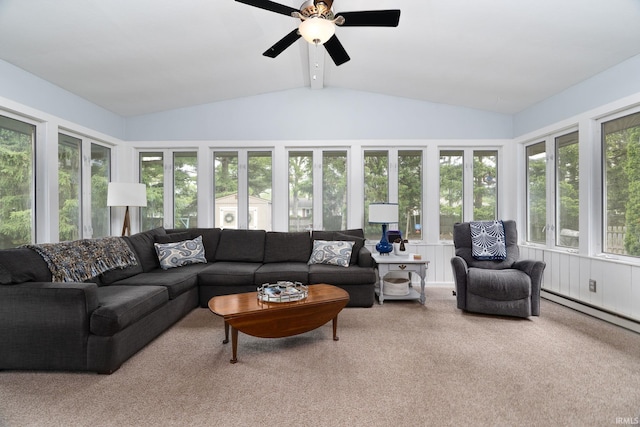 3599 Canterbury Dr, Lafayette, IN 47909 - living area with lofted ceiling, plenty of natural light, carpet floors, a ceiling fan, and a baseboard heating unit