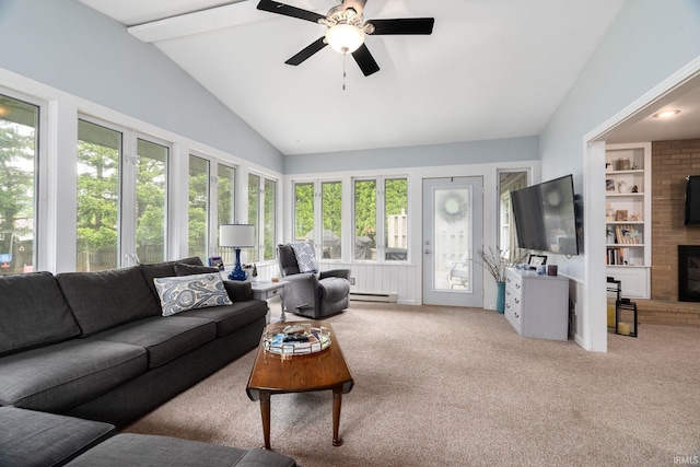 3599 Canterbury Dr, Lafayette, IN 47909 - living area featuring baseboard heating, ceiling fan, light carpet, and a fireplace