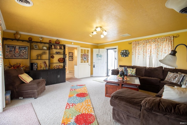 6064 E 300 N, Union City, IN 47390 - living room featuring ornamental molding, carpet floors, and a textured ceiling