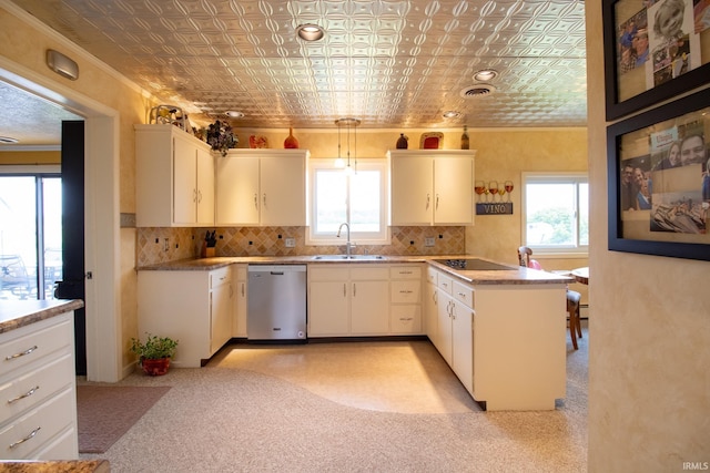 6064 E 300 N, Union City, IN 47390 - kitchen featuring dishwasher, a sink, an ornate ceiling, plenty of natural light, and tasteful backsplash