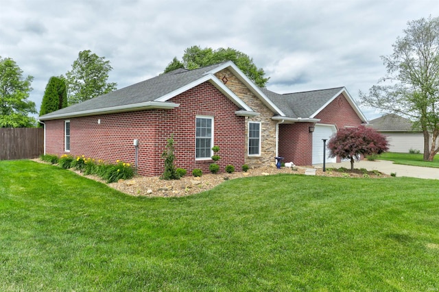 1444 Field Crest Ln, Jasper, IN 47546 - ranch-style home featuring a garage, driveway, a shingled roof, and brick siding