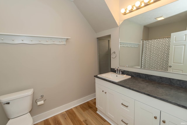 515 W Crawford St, Elkhart, IN 46514 - full bath with baseboards, vanity, wood finished floors, toilet, and lofted ceiling