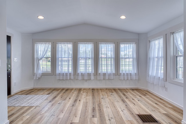 508 Polk St, Newburgh, IN 47630 - unfurnished sunroom with lofted ceiling, wood finished floors, baseboards, and recessed lighting
