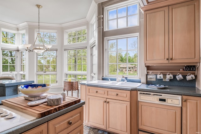 2314 Turnberry Ln, Fort Wayne, IN 46814 - kitchen featuring paneled dishwasher, a chandelier, light brown cabinets, a sink, and dark countertops