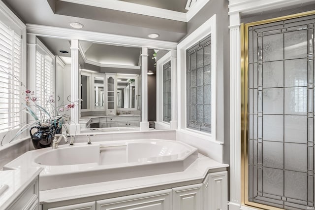 2314 Turnberry Ln, Fort Wayne, IN 46814 - full bathroom with vanity, a stall shower, and ornamental molding