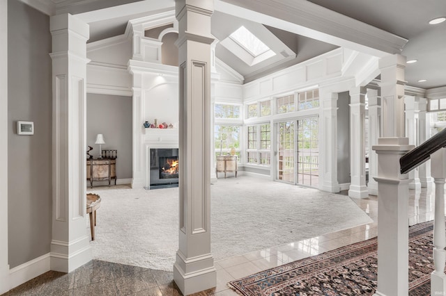 2314 Turnberry Ln, Fort Wayne, IN 46814 - entrance foyer featuring baseboards, a warm lit fireplace, recessed lighting, a high ceiling, and crown molding