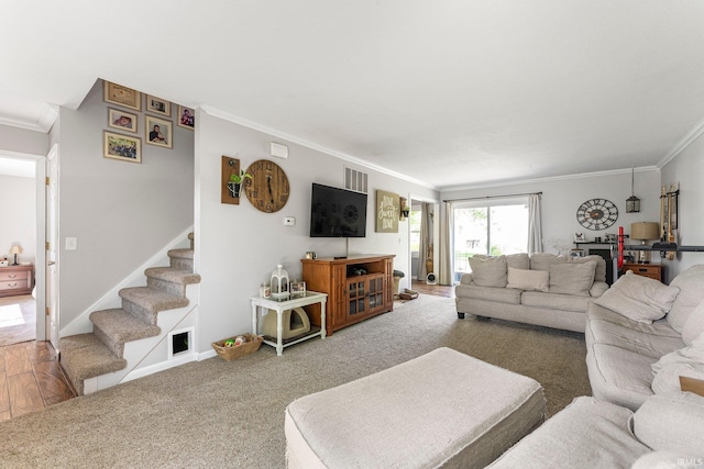 8809 Newberry Dr, Fort Wayne, IN 46825 - living area featuring ornamental molding, stairs, and carpet flooring