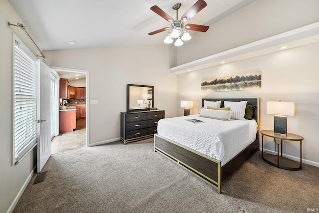 13849 Old Colony Dr, Granger, IN 46530 - bedroom featuring light colored carpet, vaulted ceiling, baseboards, a ceiling fan, and recessed lighting