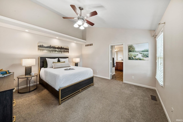 13849 Old Colony Dr, Granger, IN 46530 - bedroom featuring carpet, baseboards, ensuite bath, a ceiling fan, and high vaulted ceiling
