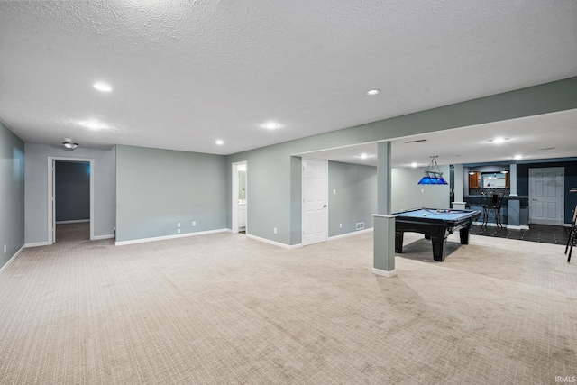 13849 Old Colony Dr, Granger, IN 46530 - playroom with billiards table, baseboards, carpet flooring, recessed lighting, and a textured ceiling