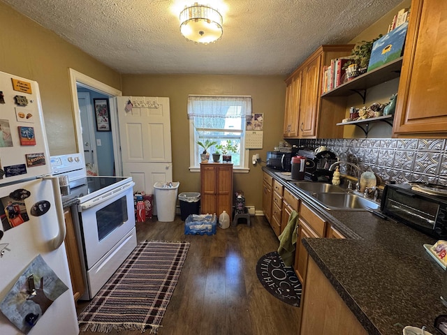 134 E Emerald St, Elkhart, IN 46514 - kitchen featuring a sink, white appliances, open shelves, brown cabinets, and a textured ceiling