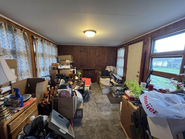 134 E Emerald St, Elkhart, IN 46514 - miscellaneous room with carpet, wooden walls, and ornamental molding