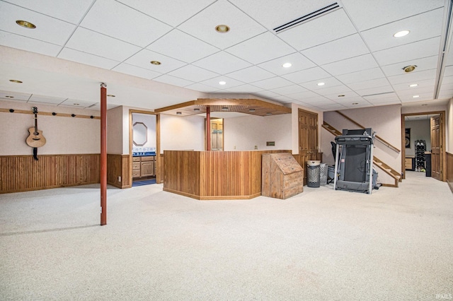 51178 Ashley Dr, Granger, IN 46530 - finished basement with a wainscoted wall, carpet, wooden walls, recessed lighting, and a drop ceiling