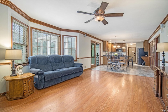 51178 Ashley Dr, Granger, IN 46530 - living room with light wood-style floors, crown molding, baseboards, and ceiling fan