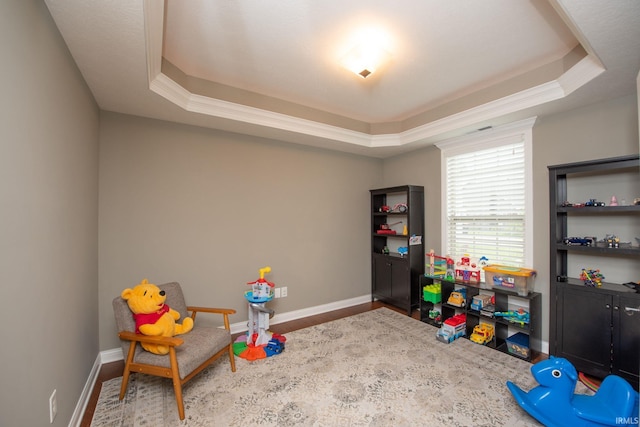 6118 Mackenzie Ct, West Lafayette, IN 47906 - game room featuring a raised ceiling, wood finished floors, and baseboards
