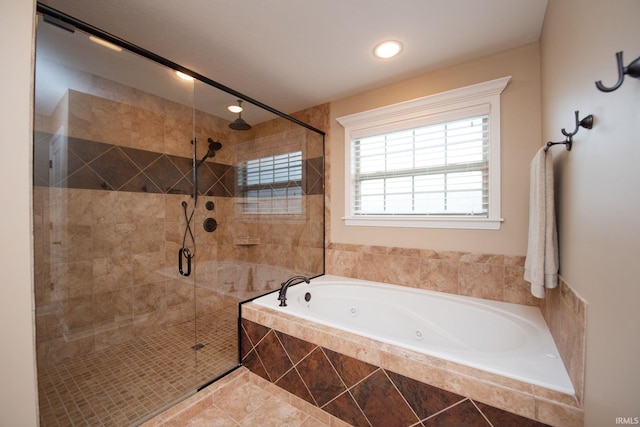 6118 Mackenzie Ct, West Lafayette, IN 47906 - bathroom with a tub with jets, a shower stall, recessed lighting, and tile patterned flooring