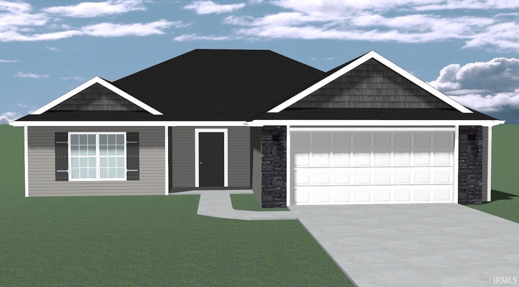 568 Lago Ct, Fort Wayne, IN 46818 - view of front of home featuring stone siding, an attached garage, and concrete driveway