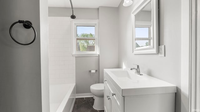 524 Byron St, Huntington, IN 46750 - full bath featuring toilet, vanity, baseboards, and marble finish floors
