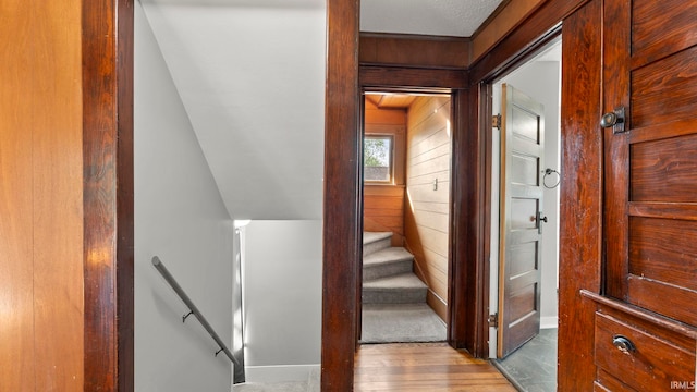 524 Byron St, Huntington, IN 46750 - stairs with wood finished floors and wooden walls