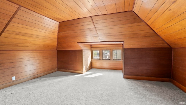 524 Byron St, Huntington, IN 46750 - additional living space featuring wood ceiling, wood walls, vaulted ceiling, and carpet flooring