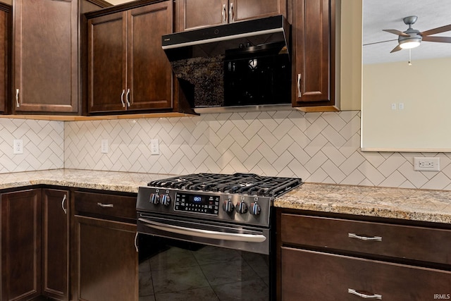 4300 Lithophone Ct, West Lafayette, IN 47906 - kitchen with gas stove, ceiling fan, dark brown cabinets, decorative backsplash, and light stone countertops