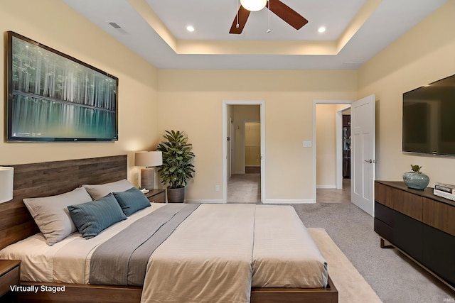 4300 Lithophone Ct, West Lafayette, IN 47906 - bedroom featuring a tray ceiling, carpet flooring, recessed lighting, ceiling fan, and baseboards