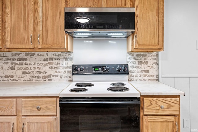 1310 Oak Ave, Lafayette, IN 47905 - kitchen with electric range, stainless steel microwave, light countertops, and tasteful backsplash