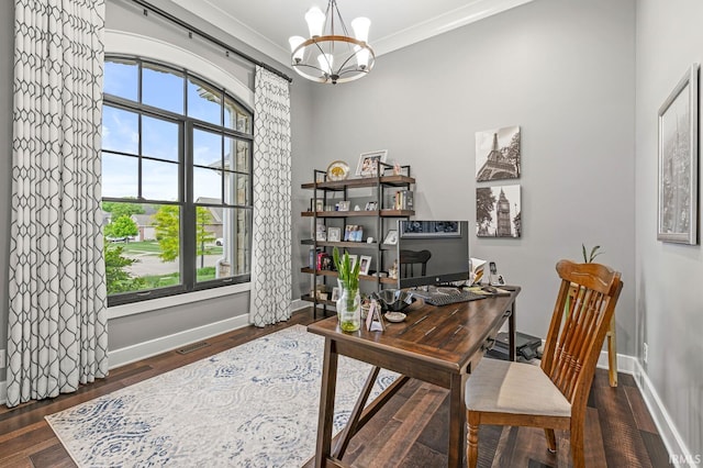 5847 Augusta Blvd, West Lafayette, IN 47906 - home office with baseboards, healthy amount of natural light, a chandelier, and crown molding