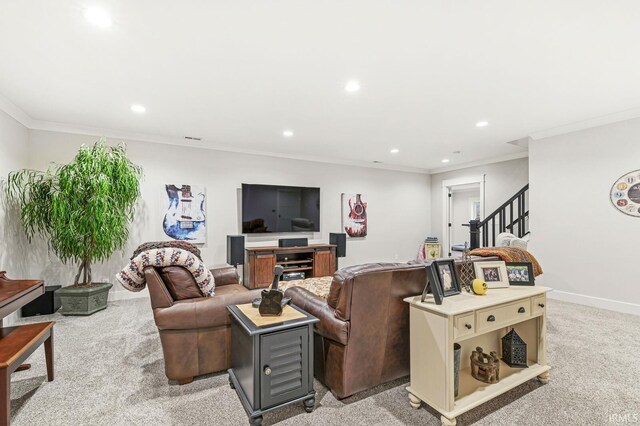 5847 Augusta Blvd, West Lafayette, IN 47906 - living area featuring light colored carpet, recessed lighting, stairs, ornamental molding, and baseboards