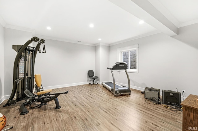 5847 Augusta Blvd, West Lafayette, IN 47906 - workout room featuring wood finished floors, ornamental molding, recessed lighting, and baseboards