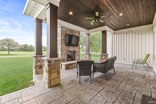 5847 Augusta Blvd, West Lafayette, IN 47906 - view of patio with an outdoor stone fireplace and ceiling fan