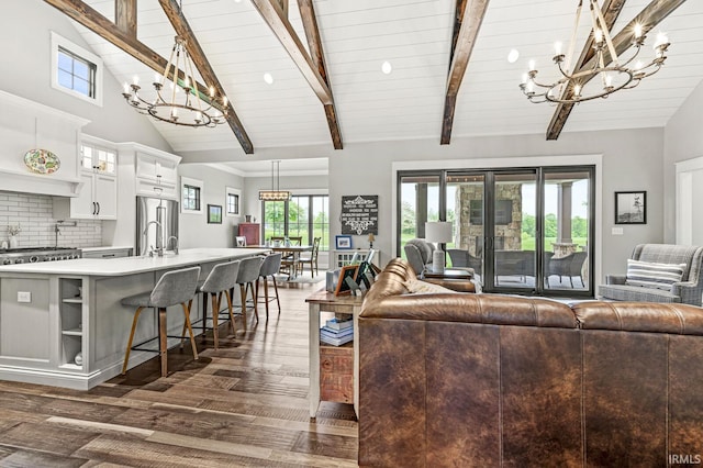 5847 Augusta Blvd, West Lafayette, IN 47906 - living room featuring a chandelier, dark wood-style flooring, and wooden ceiling