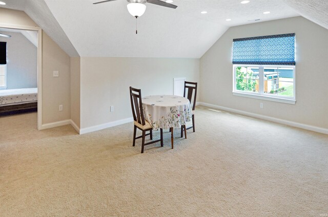1632 Solemar Dr, West Lafayette, IN 47906 - carpeted dining space featuring lofted ceiling, ceiling fan, baseboards, and recessed lighting