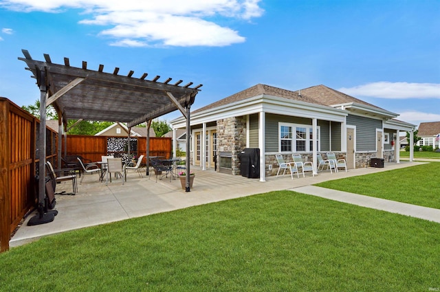 1632 Solemar Dr, West Lafayette, IN 47906 - rear view of house with stone siding, a pergola, a patio, and a shingled roof