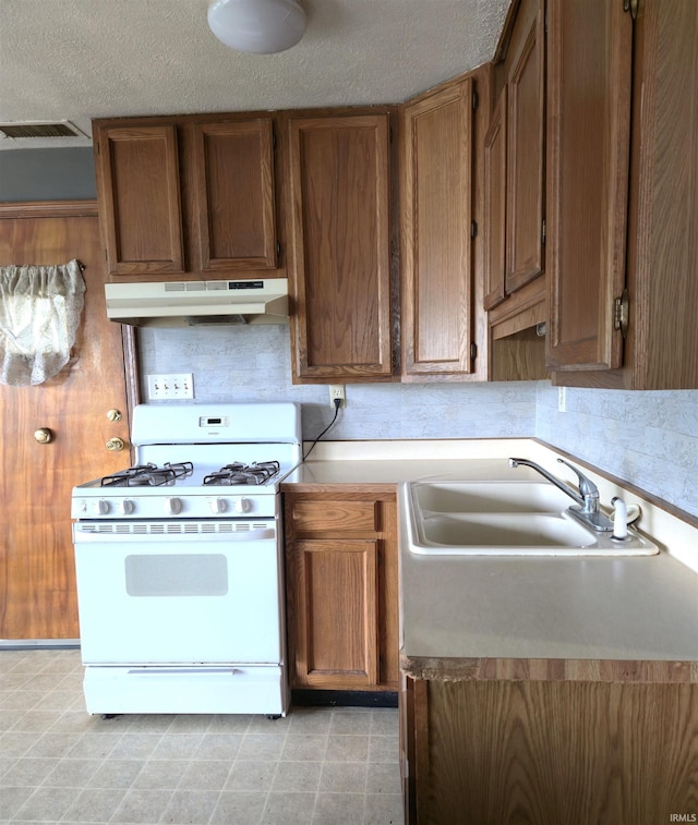 42 W Lakeside Dr, North Manchester, IN 46962 - kitchen with white range with gas cooktop, under cabinet range hood, a sink, brown cabinets, and light countertops