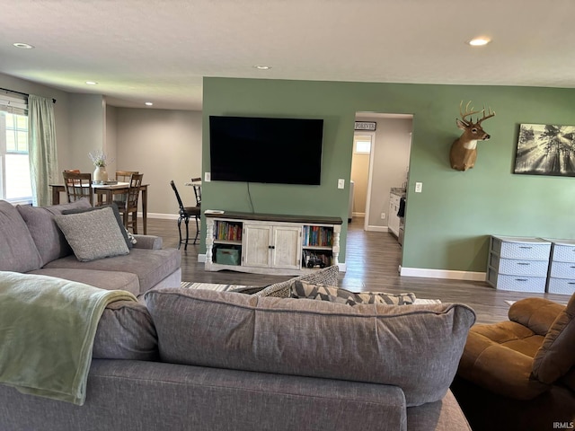 1264 W Greenbriar Dr, Washington, IN 47501 - living room featuring baseboards, recessed lighting, and wood finished floors
