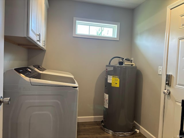 1264 W Greenbriar Dr, Washington, IN 47501 - laundry room featuring water heater, washer and clothes dryer, cabinet space, dark wood-type flooring, and baseboards