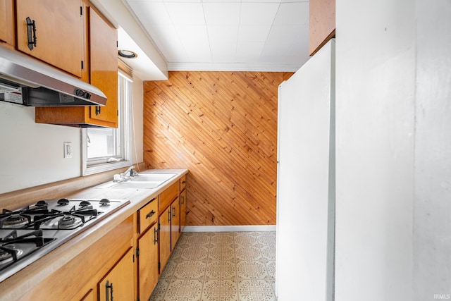 244 N Miami St, Wabash, IN 46992 - kitchen with under cabinet range hood, gas cooktop, a sink, wood walls, and light countertops
