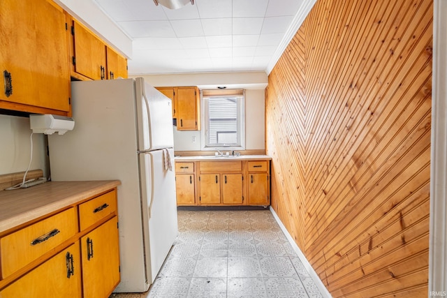 244 N Miami St, Wabash, IN 46992 - kitchen featuring freestanding refrigerator, wooden walls, light countertops, a sink, and light flooring