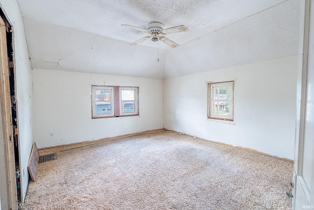 244 N Miami St, Wabash, IN 46992 - empty room with carpet flooring, plenty of natural light, ceiling fan, vaulted ceiling, and a textured ceiling